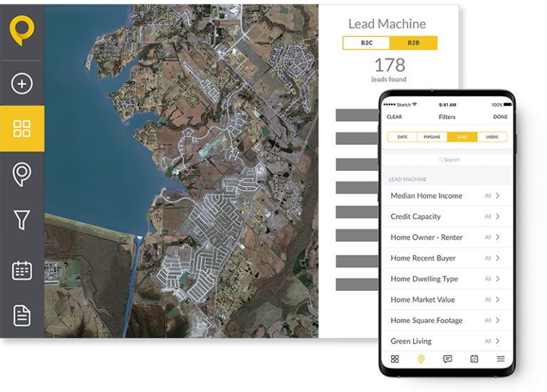 Screenshot of SPOTIO's Lead Machine with a satellite view of a coastal city