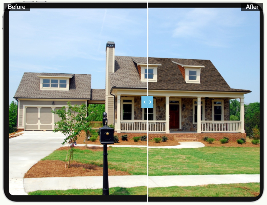 Before and after slider image showing iRoofing's key functionality: its AI-powered roof visualizer