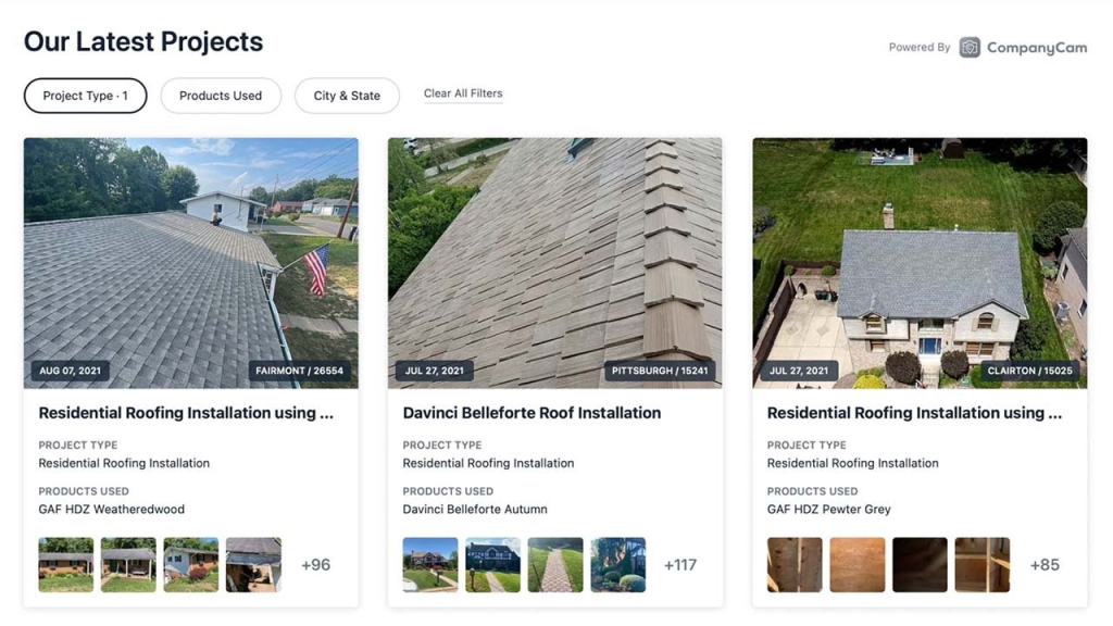Screenshot showing CompanyCam's latest projects page
