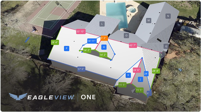 Screenshot of EagleView: The Insurance Industry Standard for 3D visualization showing a large house with a 3D model of the roof