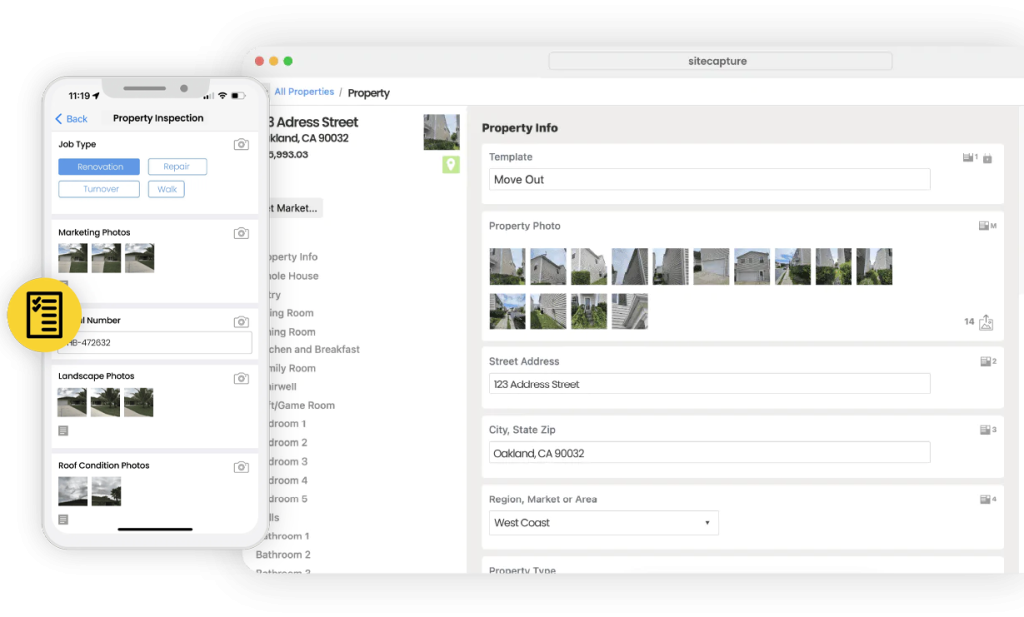 Screenshots of mobile and desktop interfaces of SiteCapture field ops management software