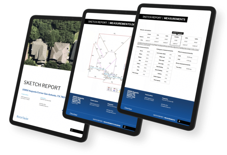 Composition of three screenshots of RoofSnap: The contractor-focused measurement & estimating tool