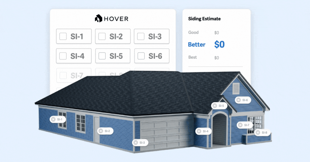 A 3D visualization of a blue house with dark roof overlaid on a screenshot of HOVER's UI