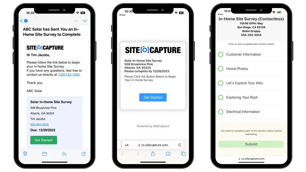 Screenshots of SiteCapture's mobile app user inteface