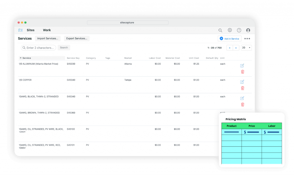 Screenshot of SiteCapture showing how to create and manage your own list of products, services, and prices, and configure costs based on your different markets and regions.