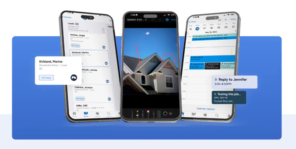 Three JobNimbus features on its mobile interface including comms, photo annotation, and scheduling