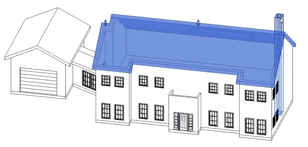 3D CAD drawing of a roof on a two-story building