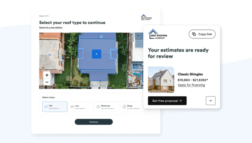 Composition of a screenshot of Roofr with a satellite view of a house and overlaid schematics of its blue roof plus another screenshot showing a finished estimate