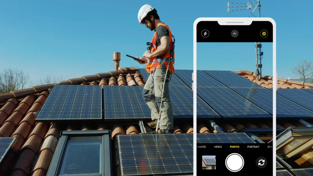 A roofer capturing photos with a mobile phone from a rooftop