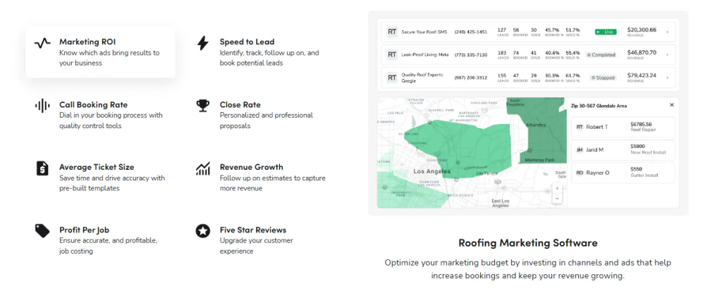 Screenshot of ServiceTitan's roofing marketing software showing a map with green overlays